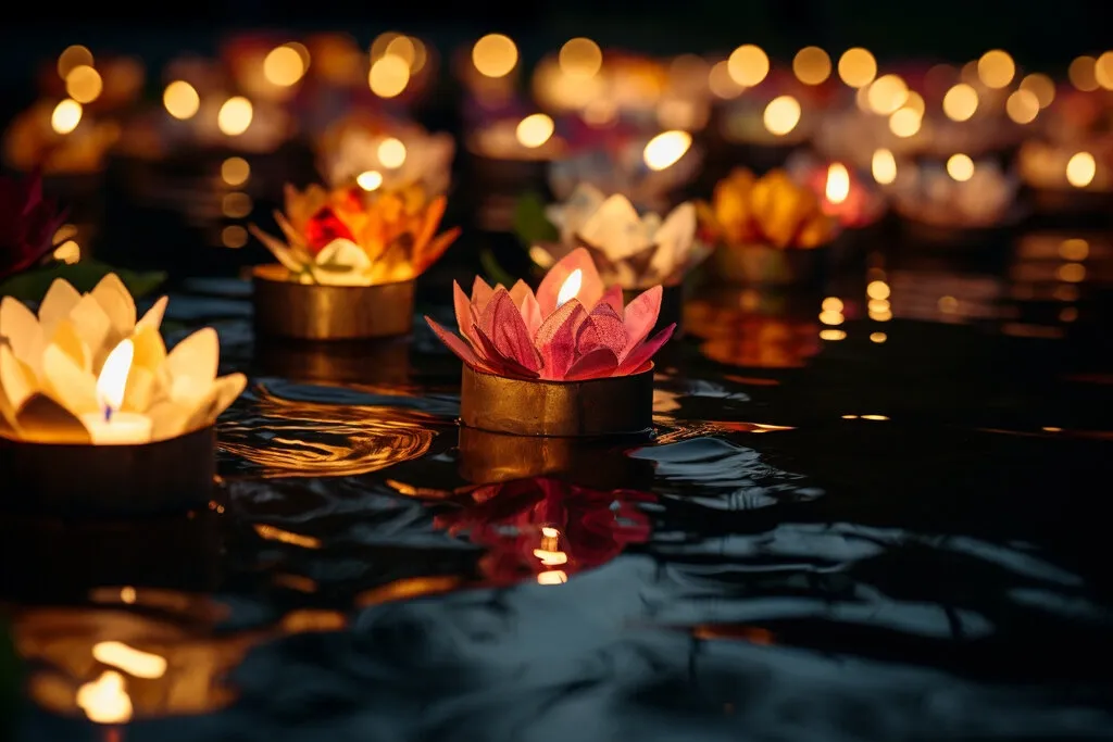 People releasing floating lanterns on water during festival